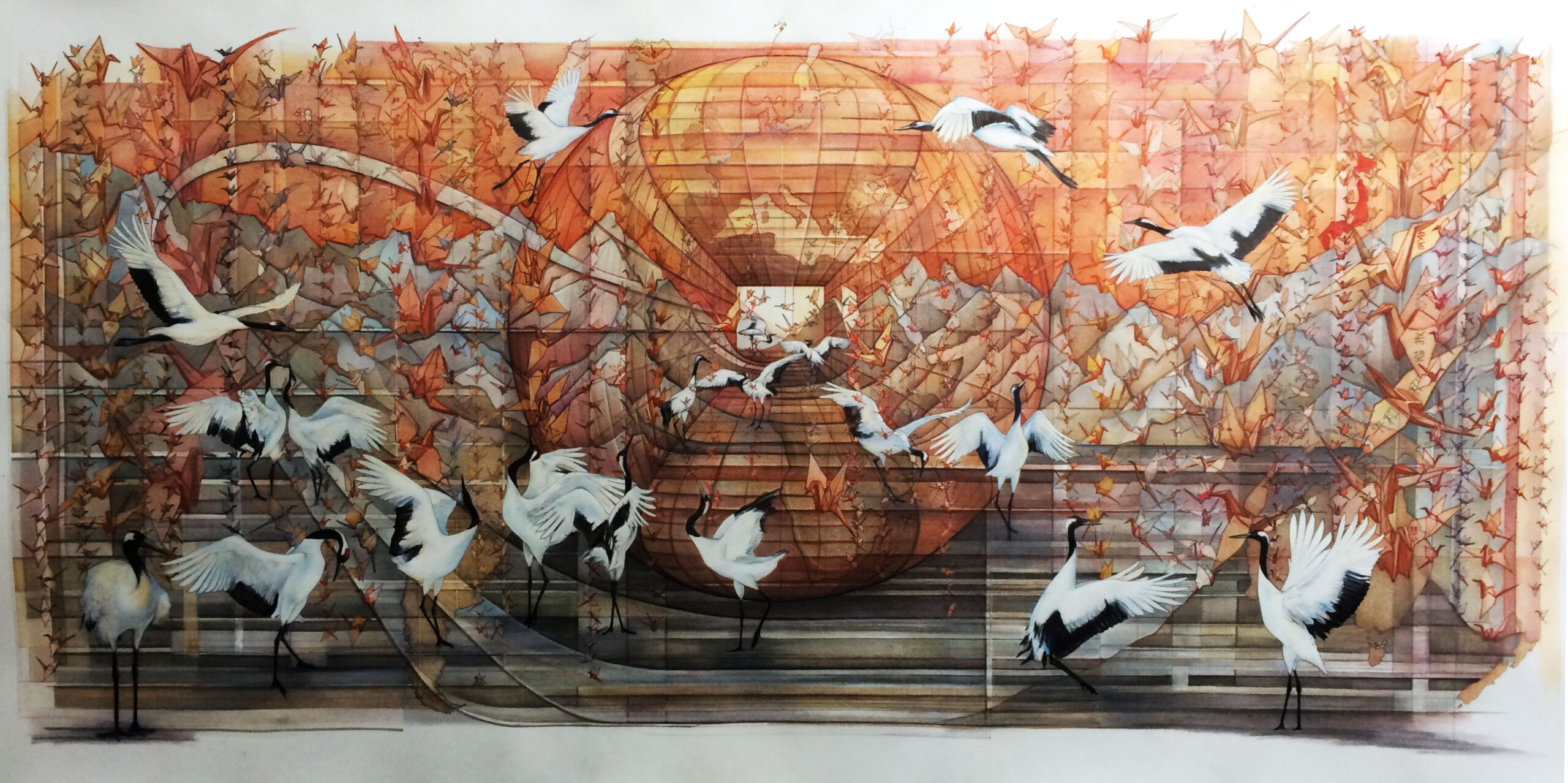 One Thousand Cranes, a detailed pen and pencil drawing by Anneka Reay